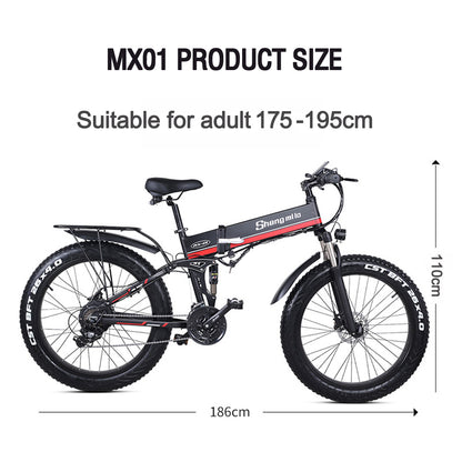 MX01 Bicicleta eléctrica plegable de 26 pulgadas, Motor potente de 48V 1000W, Bicicleta de montaña Fat Bike, Bicicleta de nieve con asistencia de pedal de 5 niveles