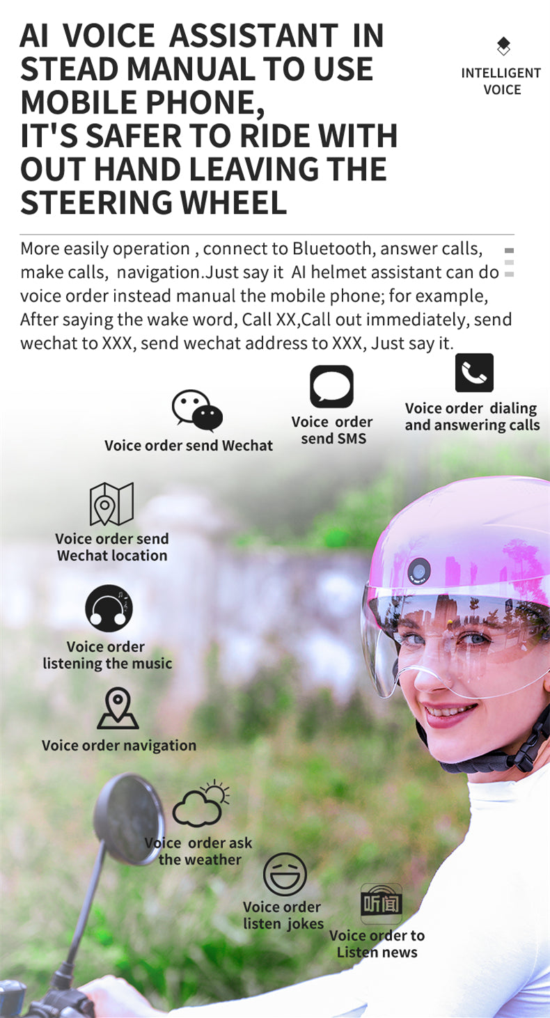 Casco inteligente AI con cámara integrada frontal y trasera HD, llamadas Bluetooth y WIFI, compatible con la aplicación de teléfono Live Check, Save and Share
