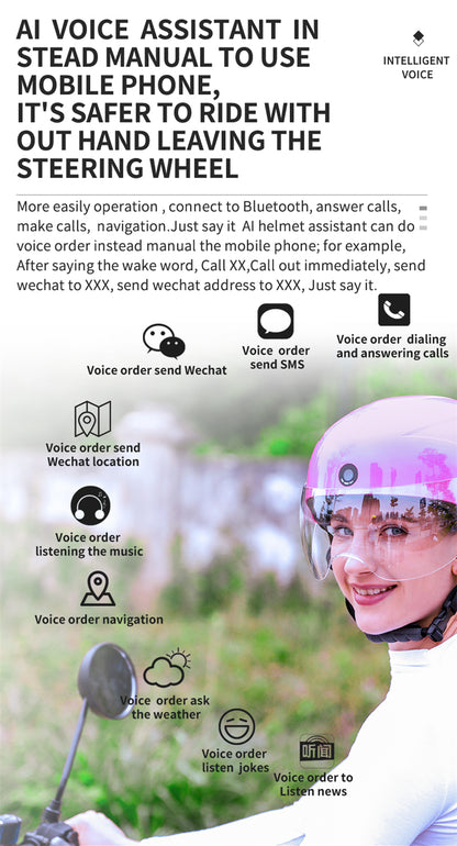Casco inteligente AI con cámara integrada frontal y trasera HD, llamadas Bluetooth y WIFI, compatible con la aplicación de teléfono Live Check, Save and Share