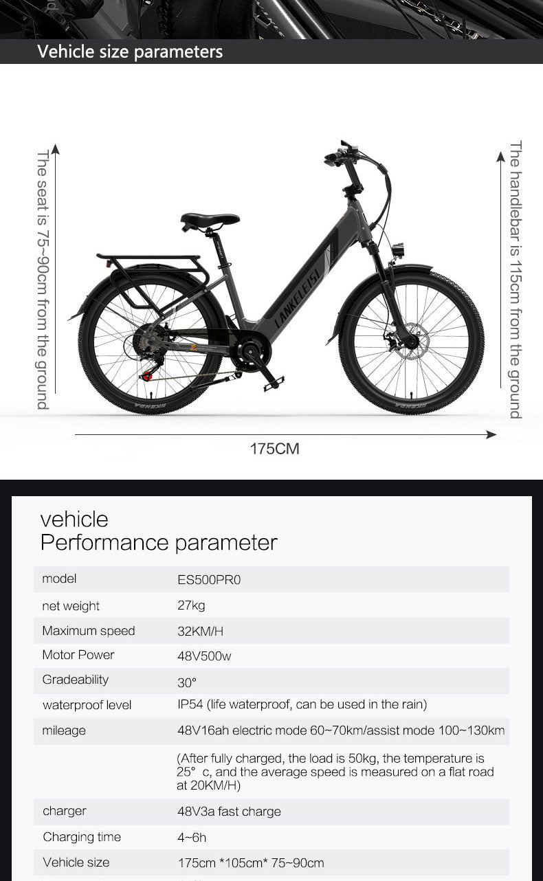 ES500 Pro 500W 48V 16Ah 130Km Resistencia 24 pulgadas Motor sin escobillas Bicicleta eléctrica urbana Frenos de disco duales 32 km / h Velocidad máxima City Bik