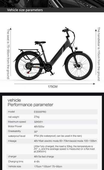 ES500 Pro 500W 48V 16Ah 130Km Resistencia 24 pulgadas Motor sin escobillas Bicicleta eléctrica urbana Frenos de disco duales 32 km / h Velocidad máxima City Bik