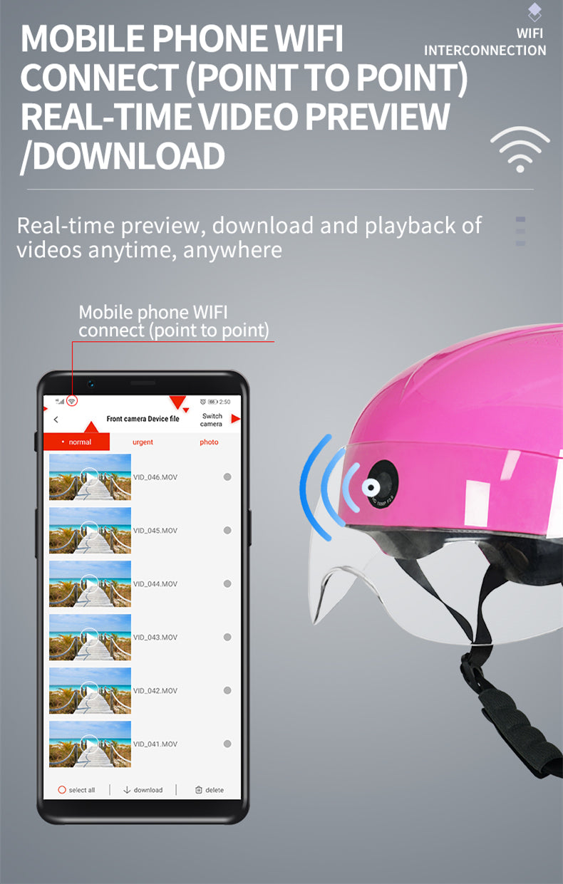 Casco inteligente AI con cámara integrada frontal y trasera HD, llamadas Bluetooth y WIFI, compatible con la aplicación de teléfono Live Check, Save and Share